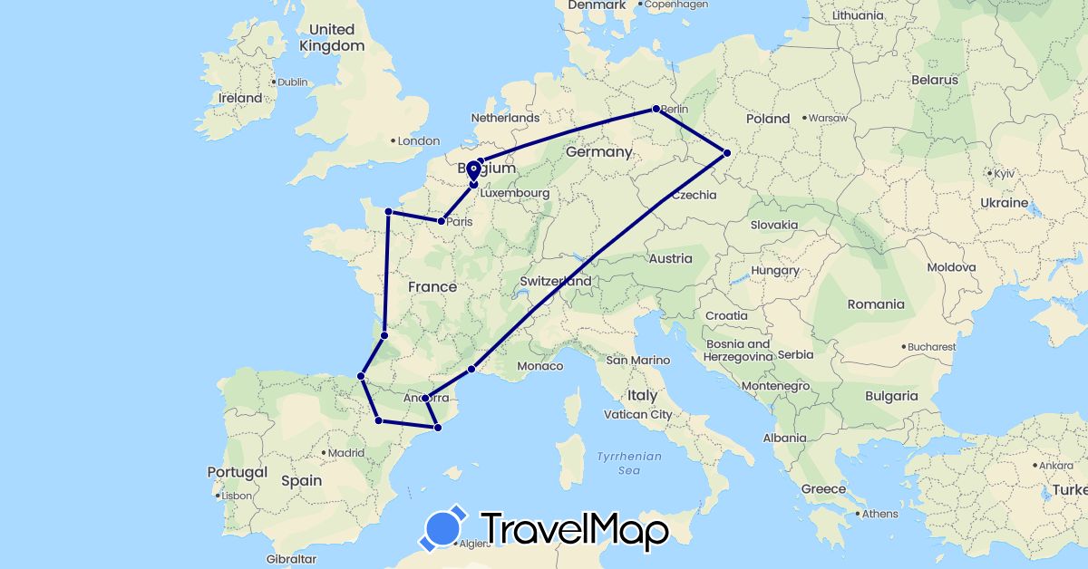TravelMap itinerary: driving in Andorra, Belgium, Germany, Spain, France, Poland (Europe)